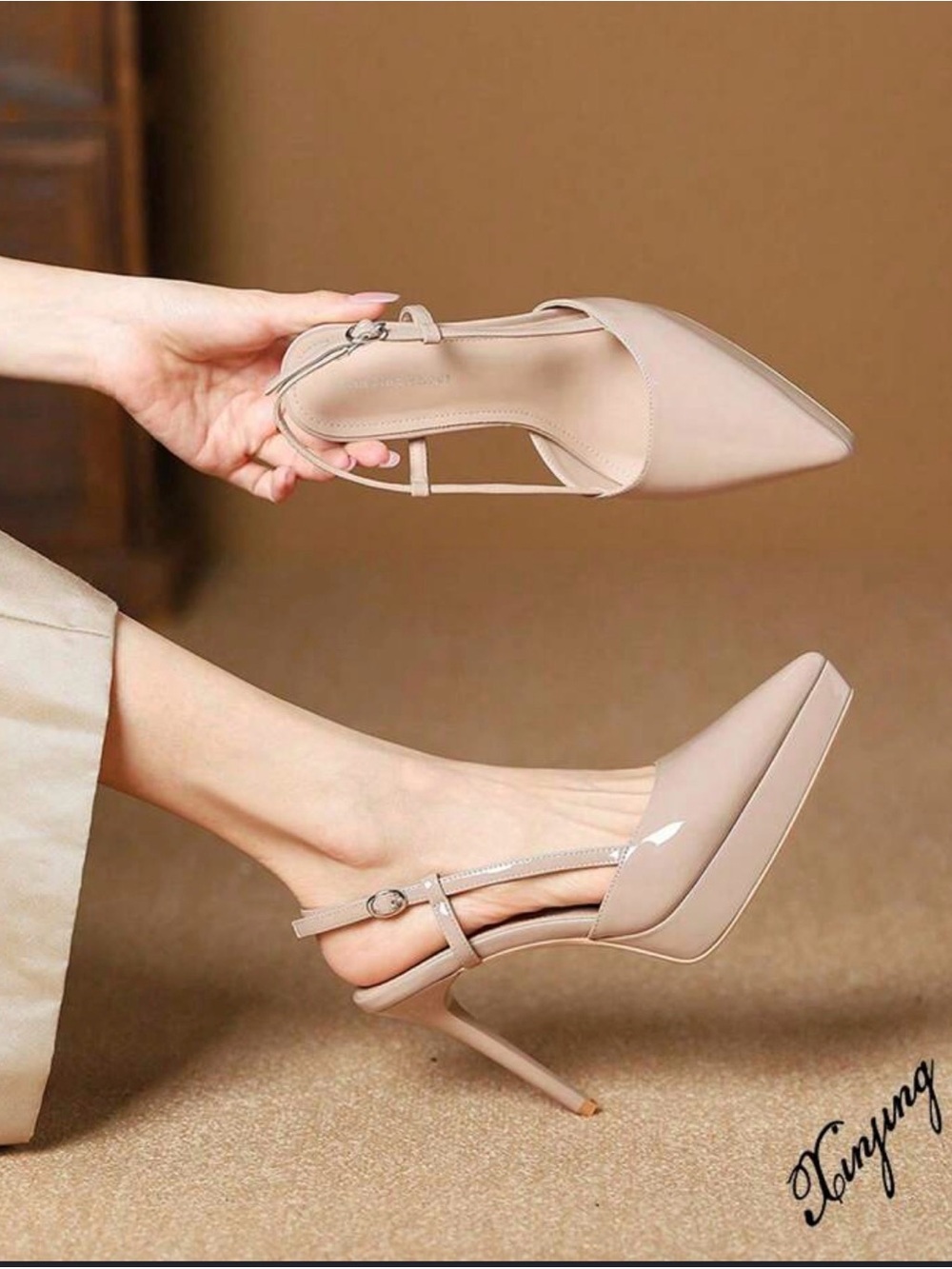 Pointed Toe Nude Slingback Stiletto Pumps